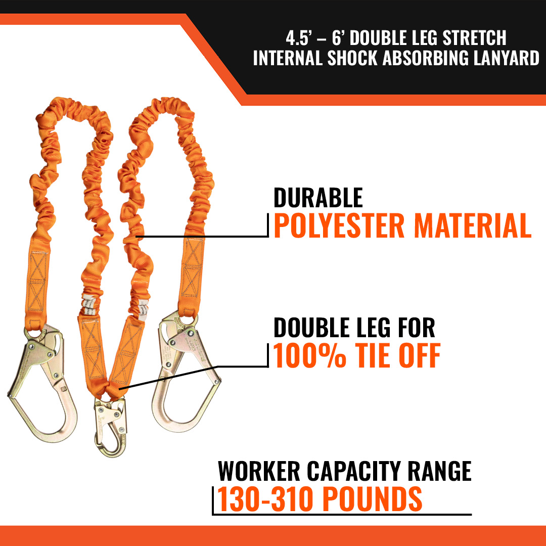4.5' - 6’ DOUBLE LEG STRETCH INTERNAL SHOCK ABSORBING LANYARD WITH 2 REBAR HOOKS AND 1 STEEL SNAP HOOK - durable polyester, double leg for 100% tie off, worker capacity 130-310 lbs.